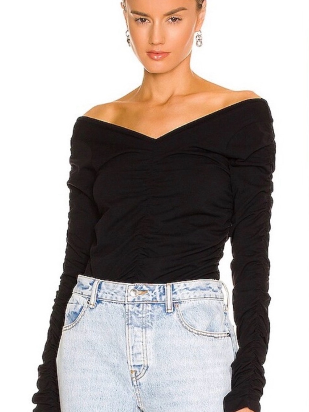 Helmut Lang Black Off-Shoulder Ruched Long Sleeve Top XS/S